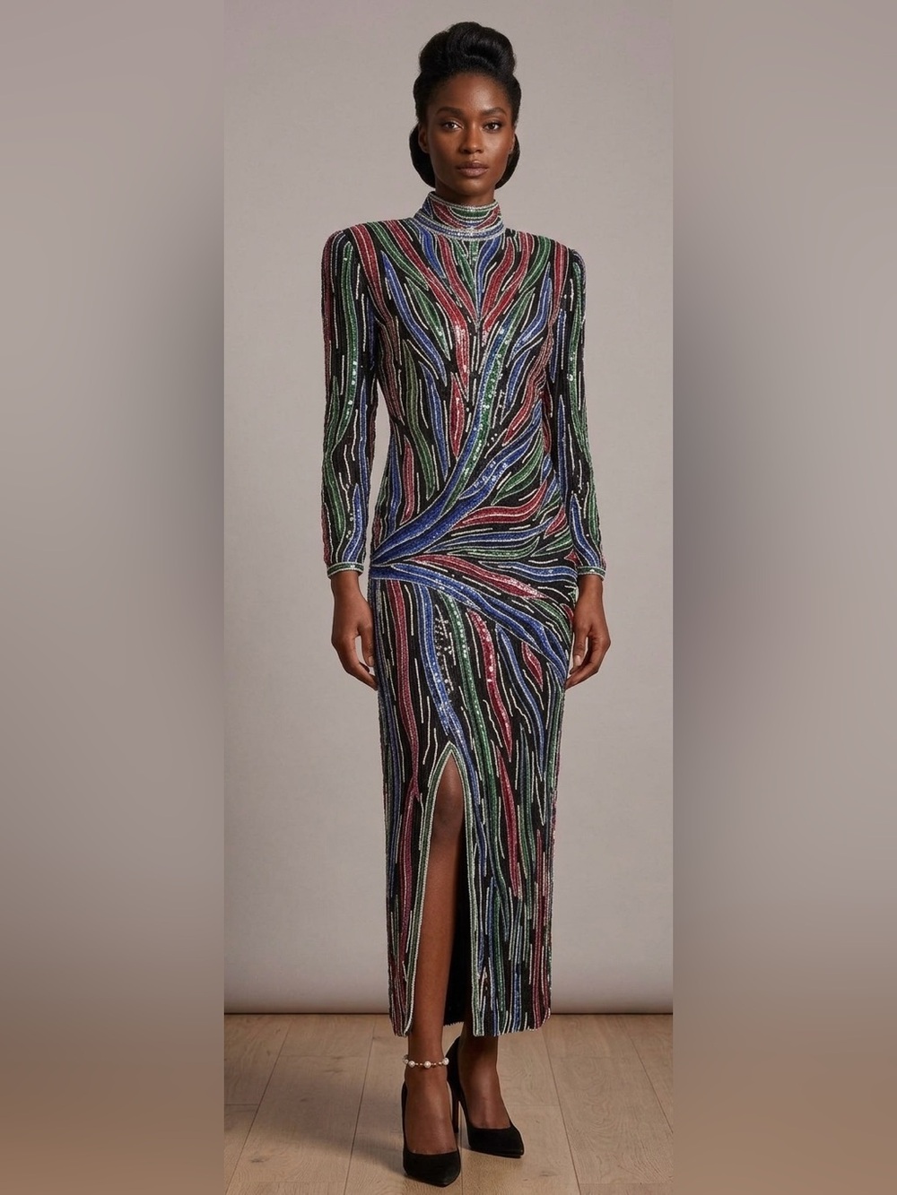 Vintage 1980s Papillon Silk Sequin Trophy Dress Mock Neck 3/4 Sleeve Slit